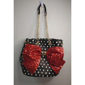 Betsey Johnson Polka Dot Shoulder Bag Red Sequin Bow Gold Chain Handle Designer